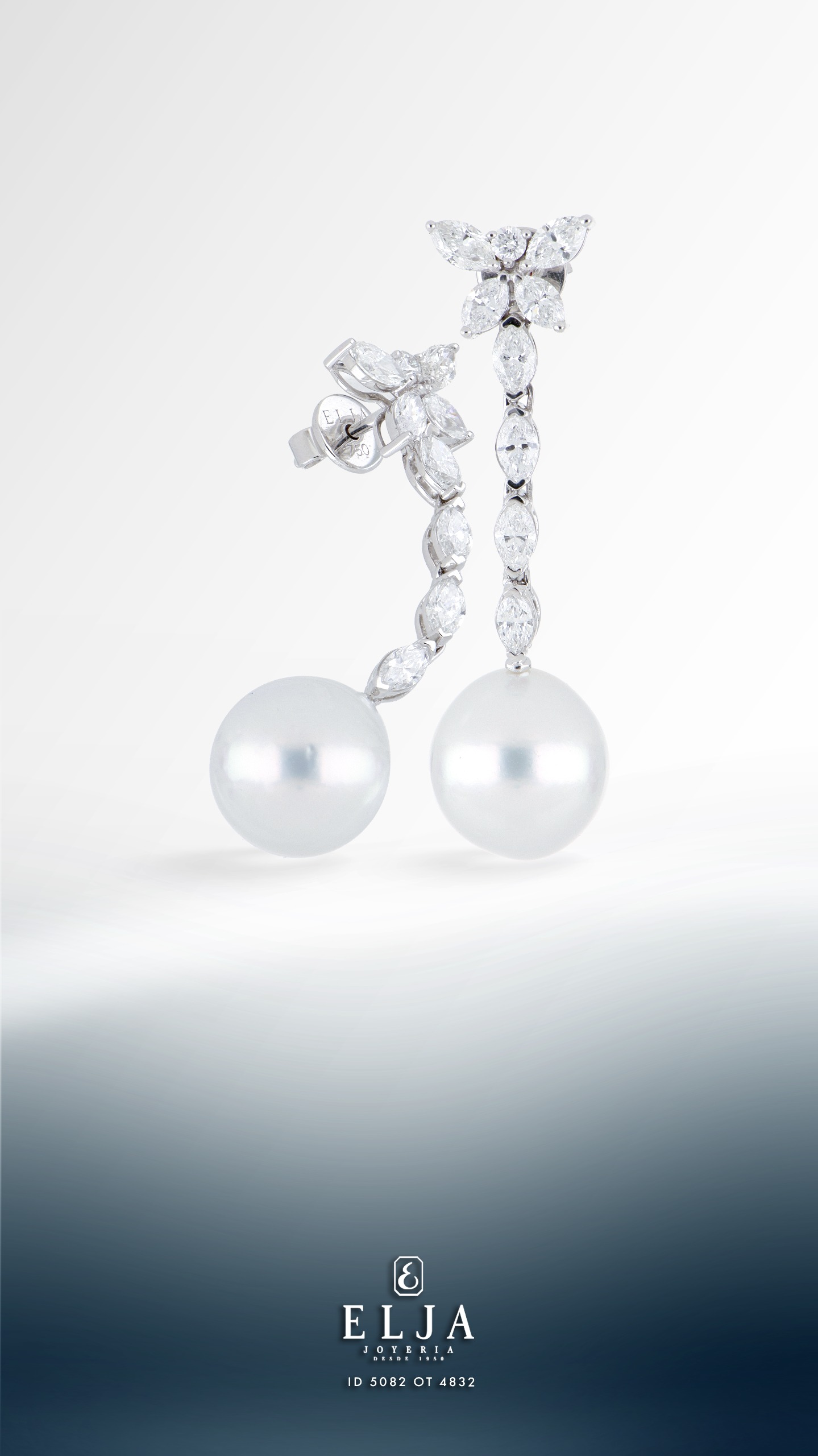 Aretes largos de perlas y diamantes