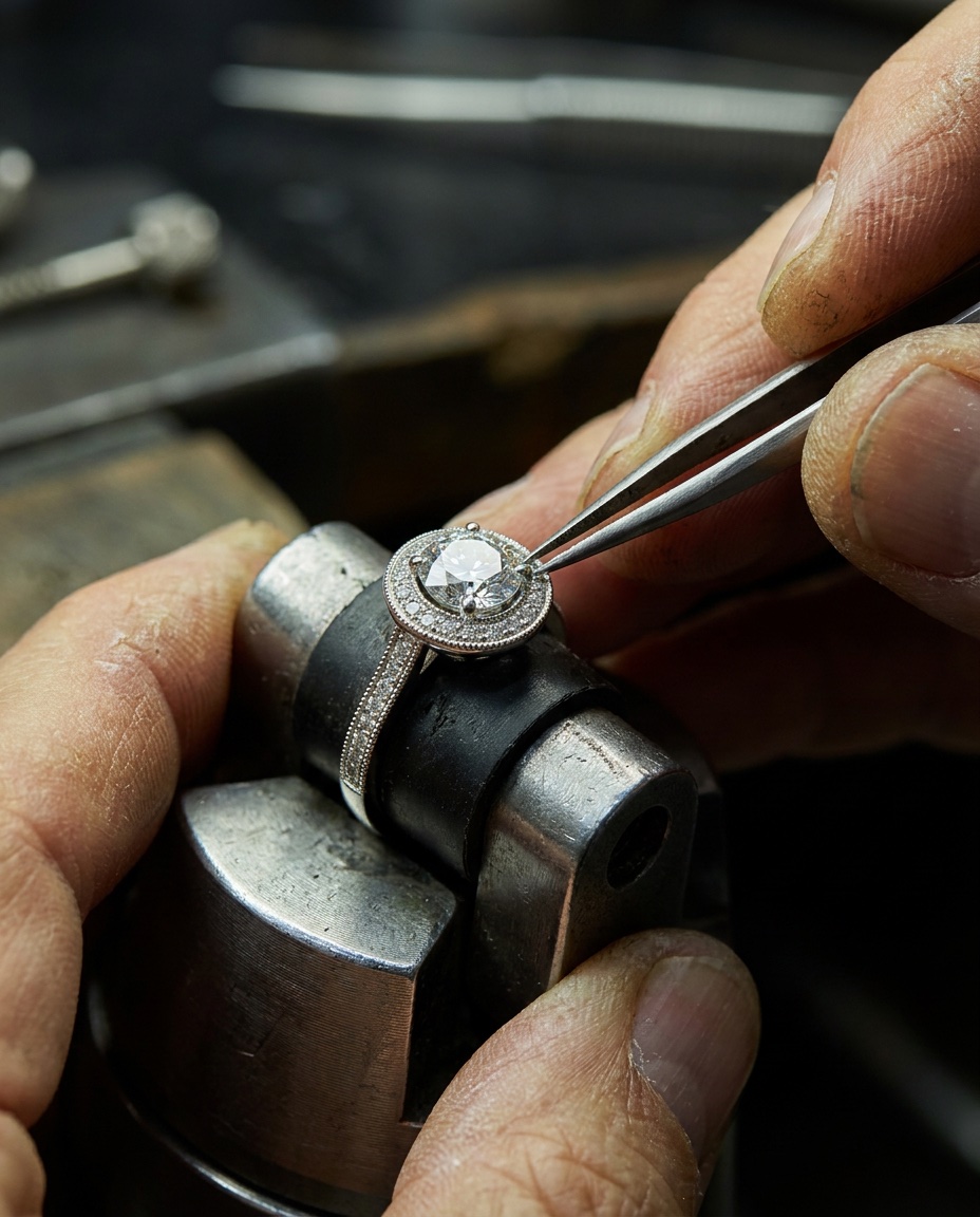 Joyero engastando un diamante con pinzas en un anillo de halo sujetado en prensa de banco