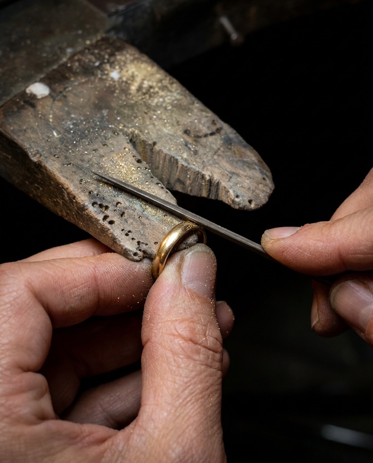 Joyero limando el borde de un anillo de oro contra la astillera del banco